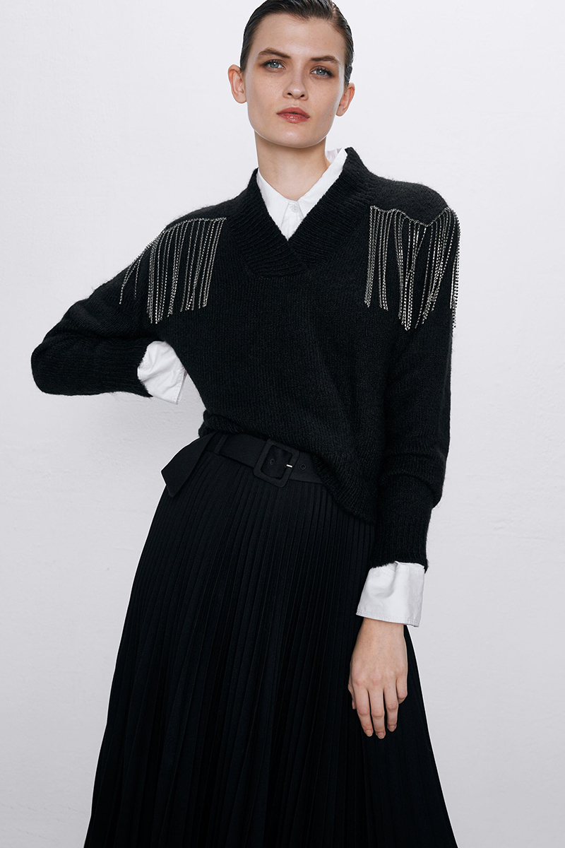 Fashion Black Tassel Sweater With Diamonds,Sweater