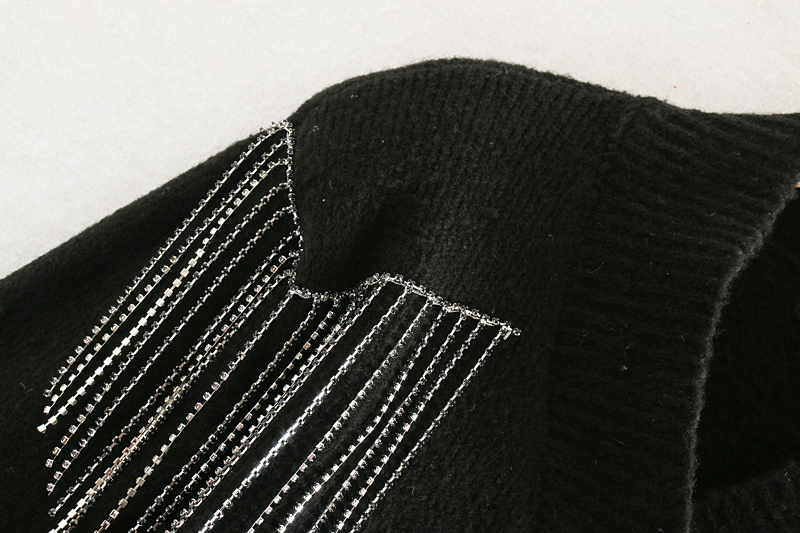 Fashion Black Tassel Sweater With Diamonds,Sweater