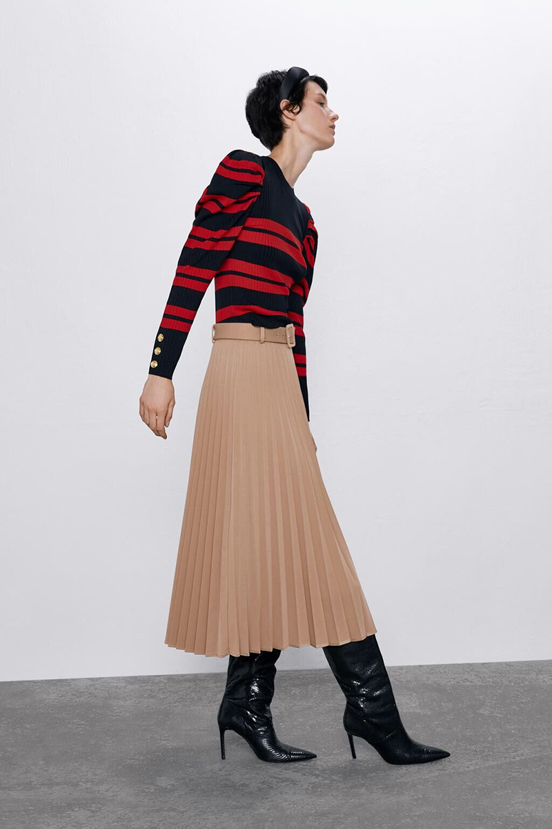 Fashion Red Striped Pleated Sweater,Sweater