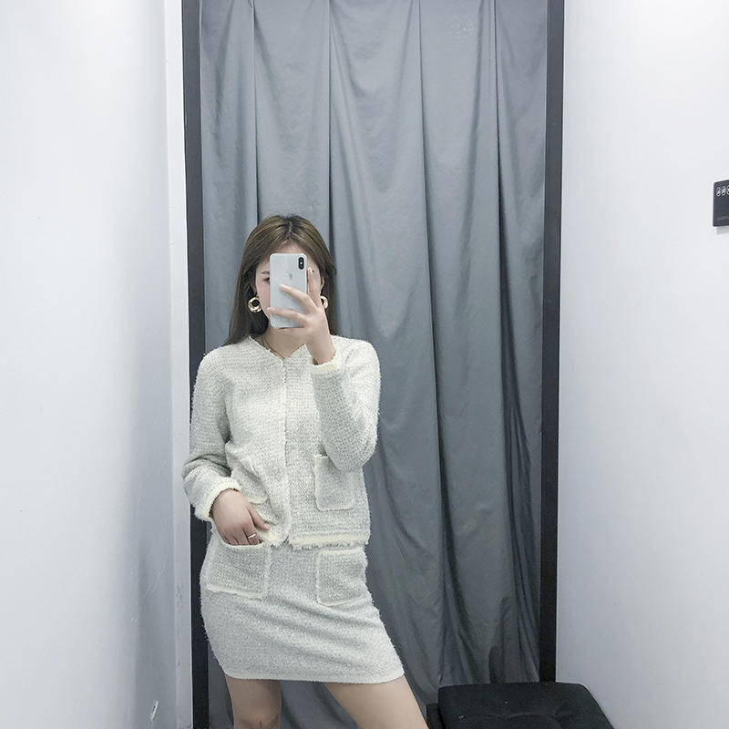 Fashion Creamy-white Panel Pocket Skirt Set,Coat-Jacket