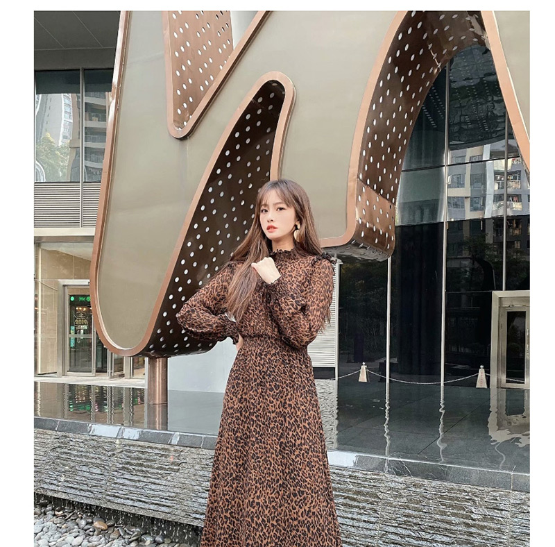 Fashion Brown Leopard Print Pleated Loose Dress,Long Dress