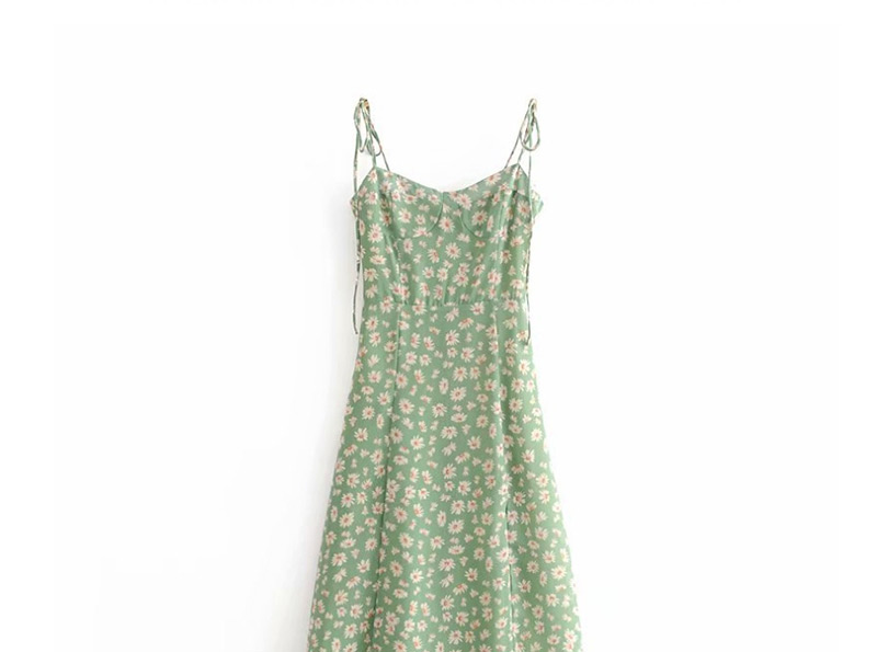 Fashion Green Open-back Halter Dress With Daisy Print,Long Dress