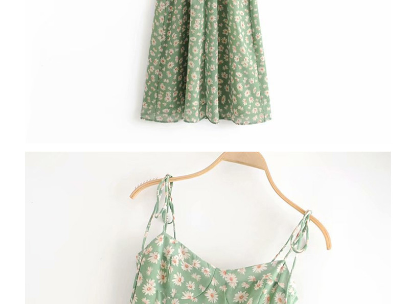 Fashion Green Open-back Halter Dress With Daisy Print,Long Dress