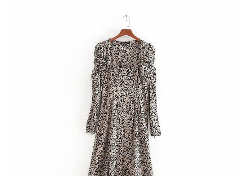 Fashion Color Leopard Print Square Collar Puff Sleeve Dress,Long Dress
