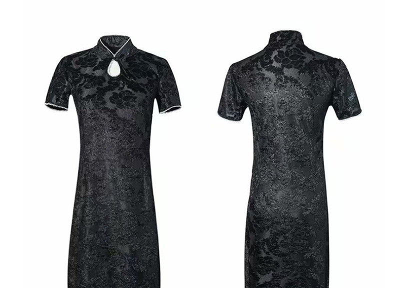 Fashion Black Pearl-trimmed Cheongsam Short-sleeved Dress,Long Dress