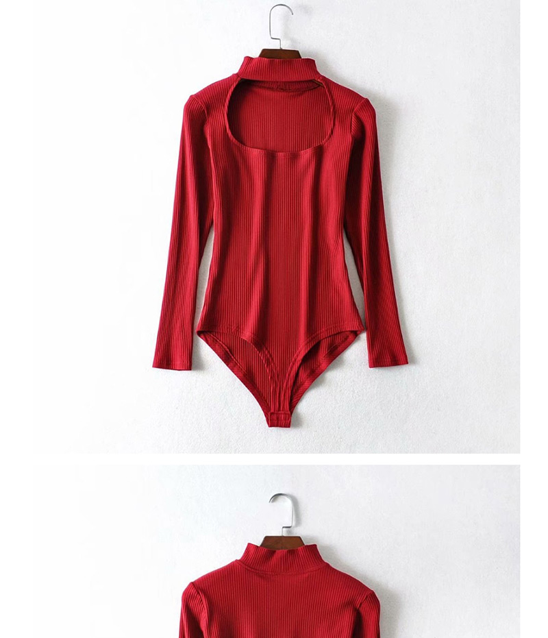 Fashion Red Round Neck Chest Cutout Slim Bodysuit,Bodysuits