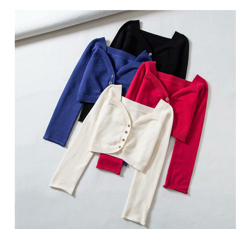 Fashion Red Button-neck Open-neck Cropped Sweater,Sweater