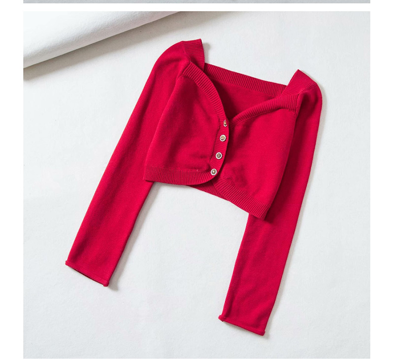 Fashion Red Button-neck Open-neck Cropped Sweater,Sweater