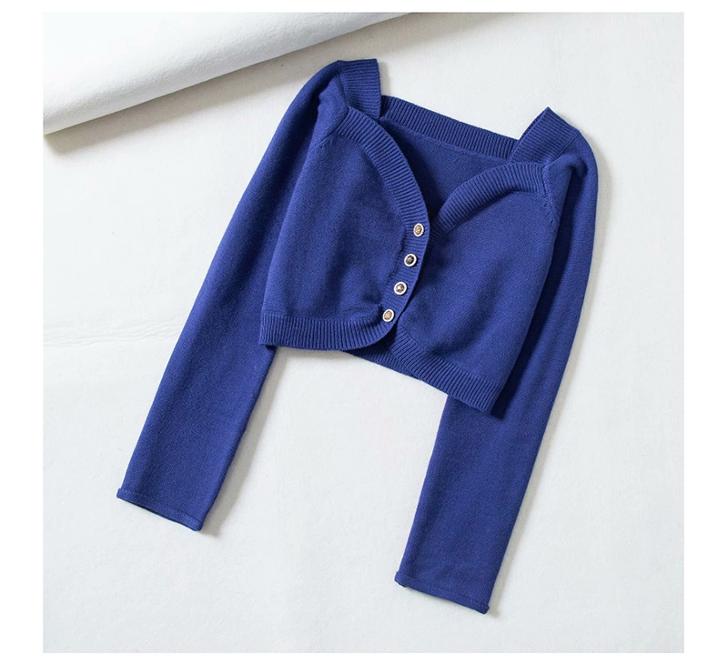 Fashion Blue Button-neck Open-neck Cropped Sweater,Sweater