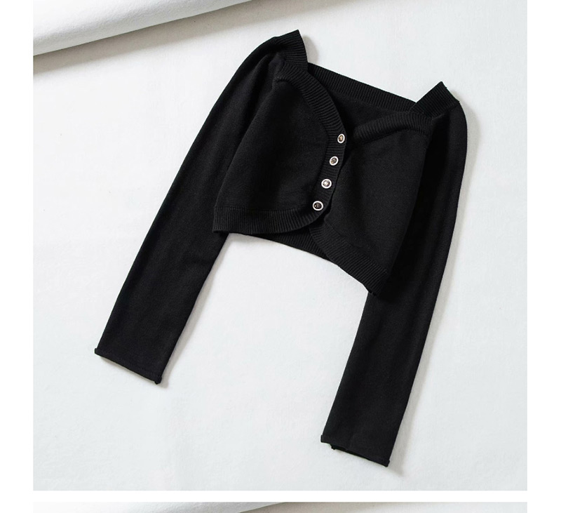 Fashion Black Button-neck Open-neck Cropped Sweater,Sweater