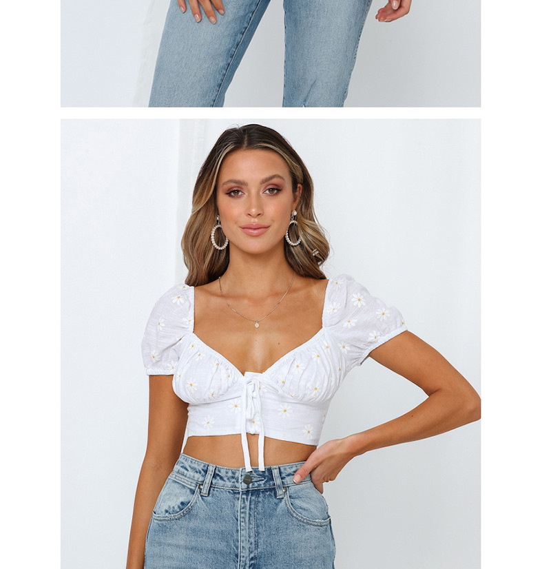 Fashion White Embroidered Embroidered Short Sleeve V-neck Tube Top,Tank Tops & Camis