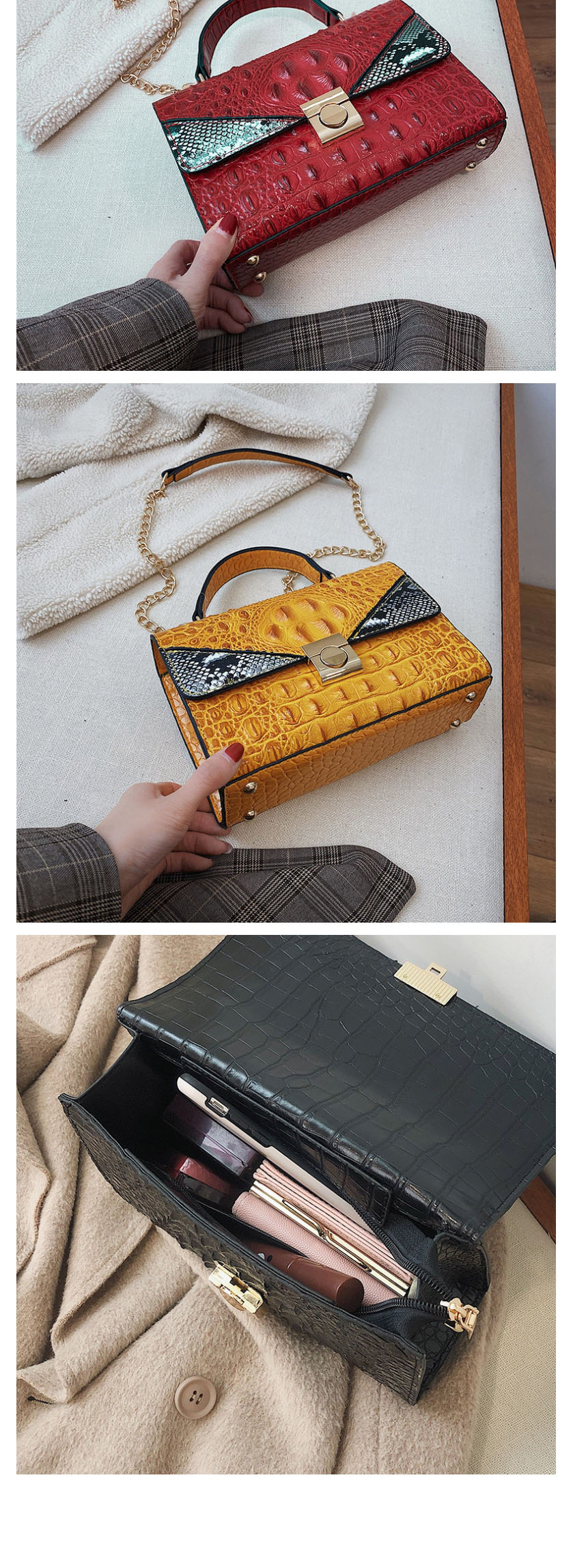 Fashion Yellow Crocodile Snake Chain Shoulder Bag,Shoulder bags