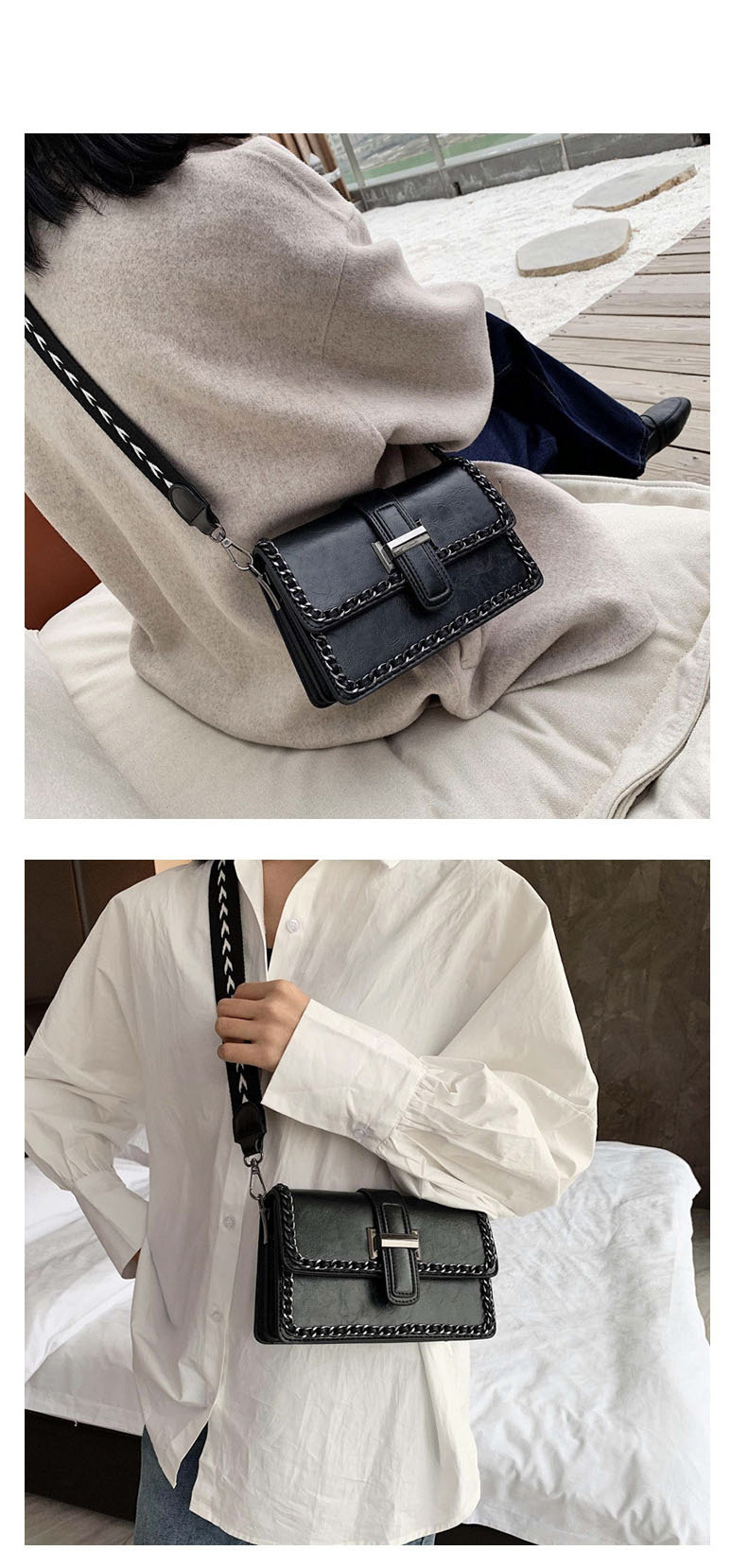 Fashion Black Chain Strap Buckle Wide Shoulder Strap Shoulder Bag,Shoulder bags