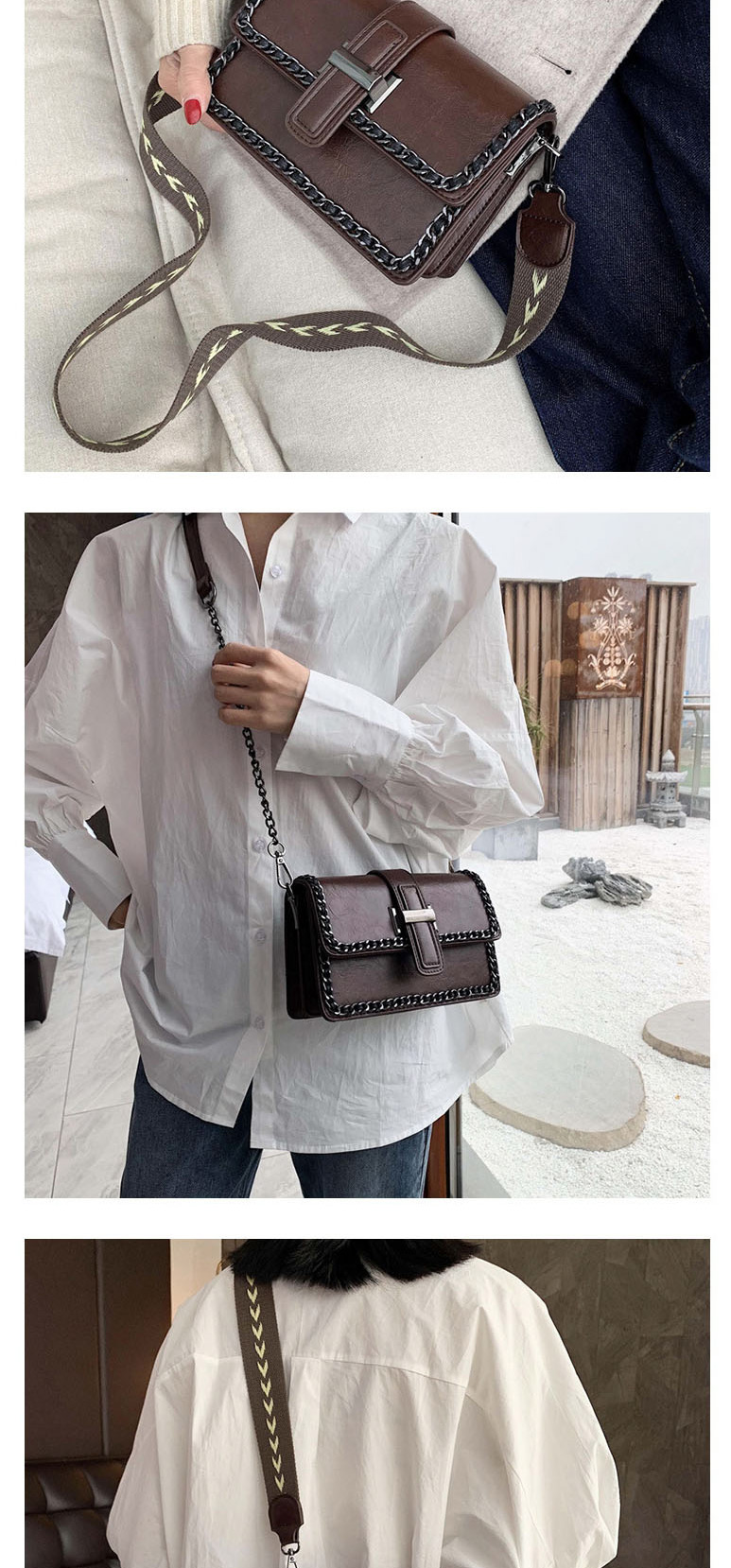 Fashion Brown Chain Strap Buckle Wide Shoulder Strap Shoulder Bag,Shoulder bags
