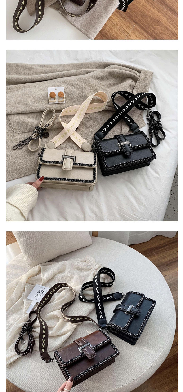 Fashion Creamy-white Chain Strap Buckle Wide Shoulder Strap Shoulder Bag,Shoulder bags