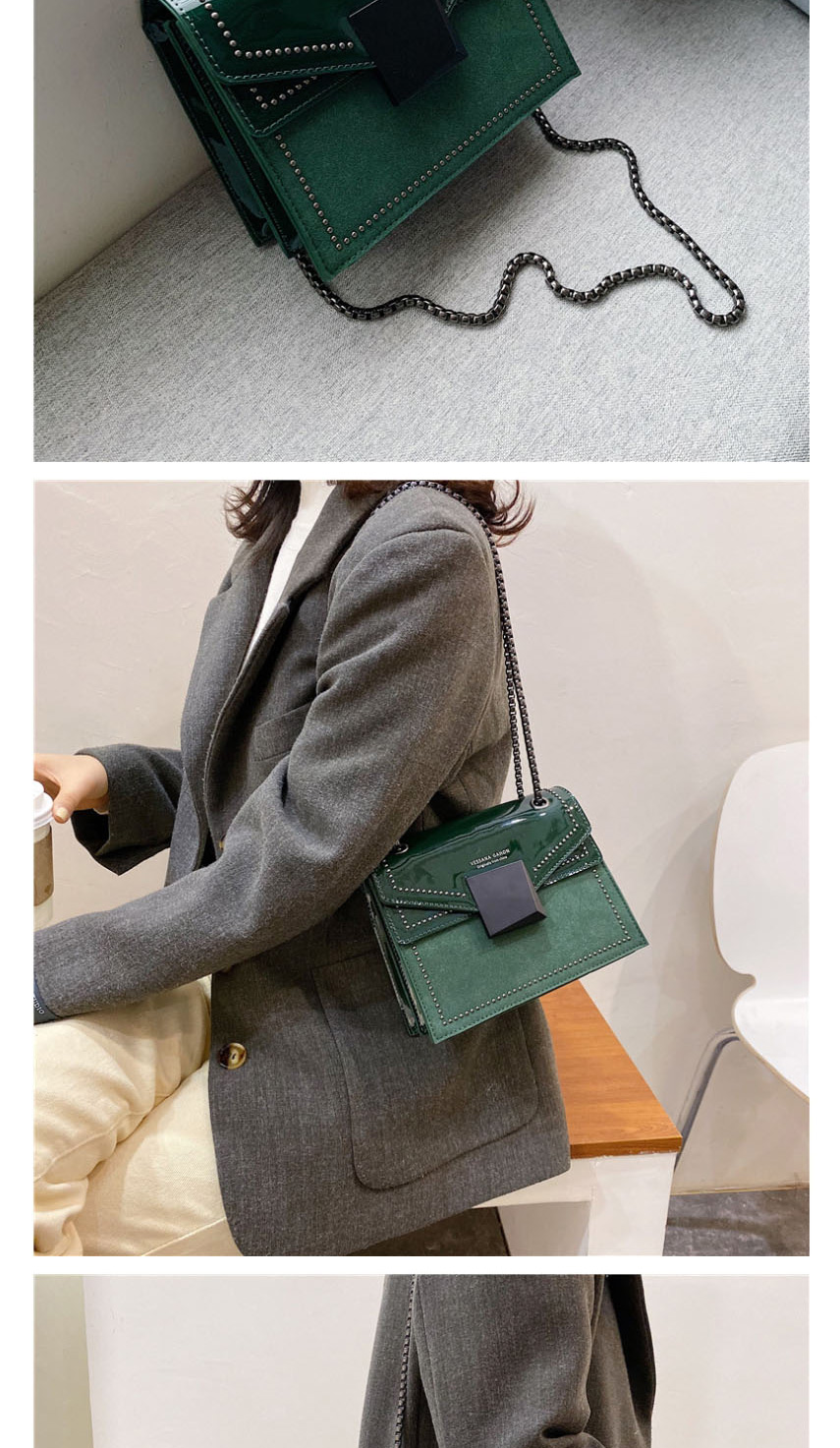 Fashion Brown Green Studded Chain Shoulder Bag,Messenger bags
