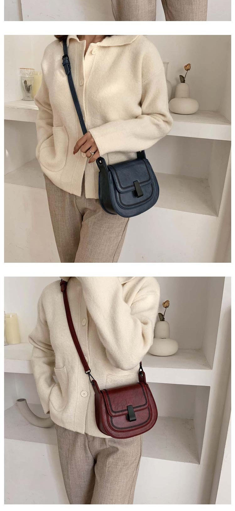 Fashion Red Wine Semi-circular Shoulder Bag With Lock Stitch,Shoulder bags