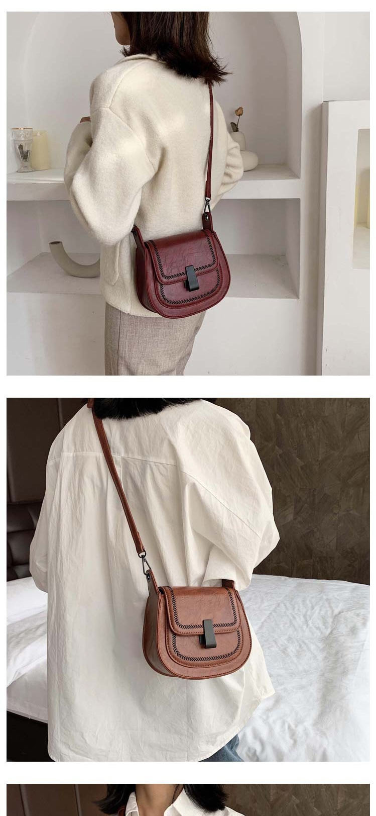 Fashion Red Wine Semi-circular Shoulder Bag With Lock Stitch,Shoulder bags