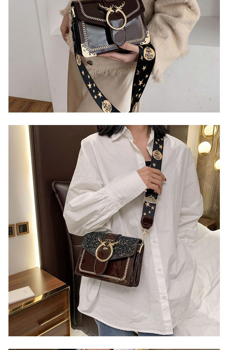 Fashion Black Wide Shoulder Stitched Antler Patent Sequined Shoulder Crossbody Bag,Shoulder bags
