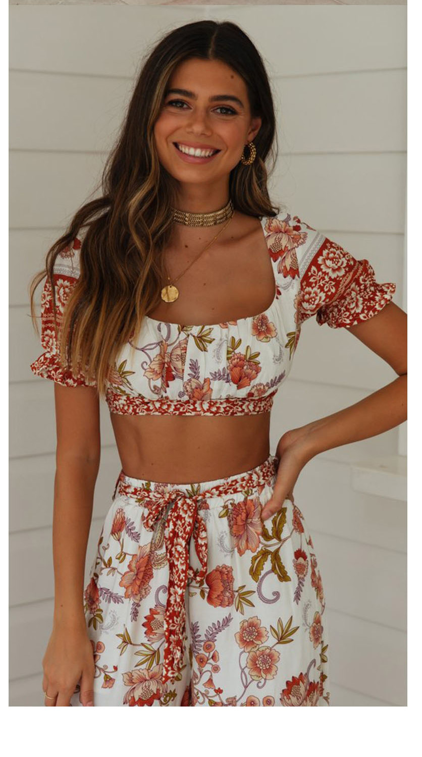 Fashion Suits On White Flower Print Square Tie Belt Tops Pants Two-piece,Tank Tops & Camis