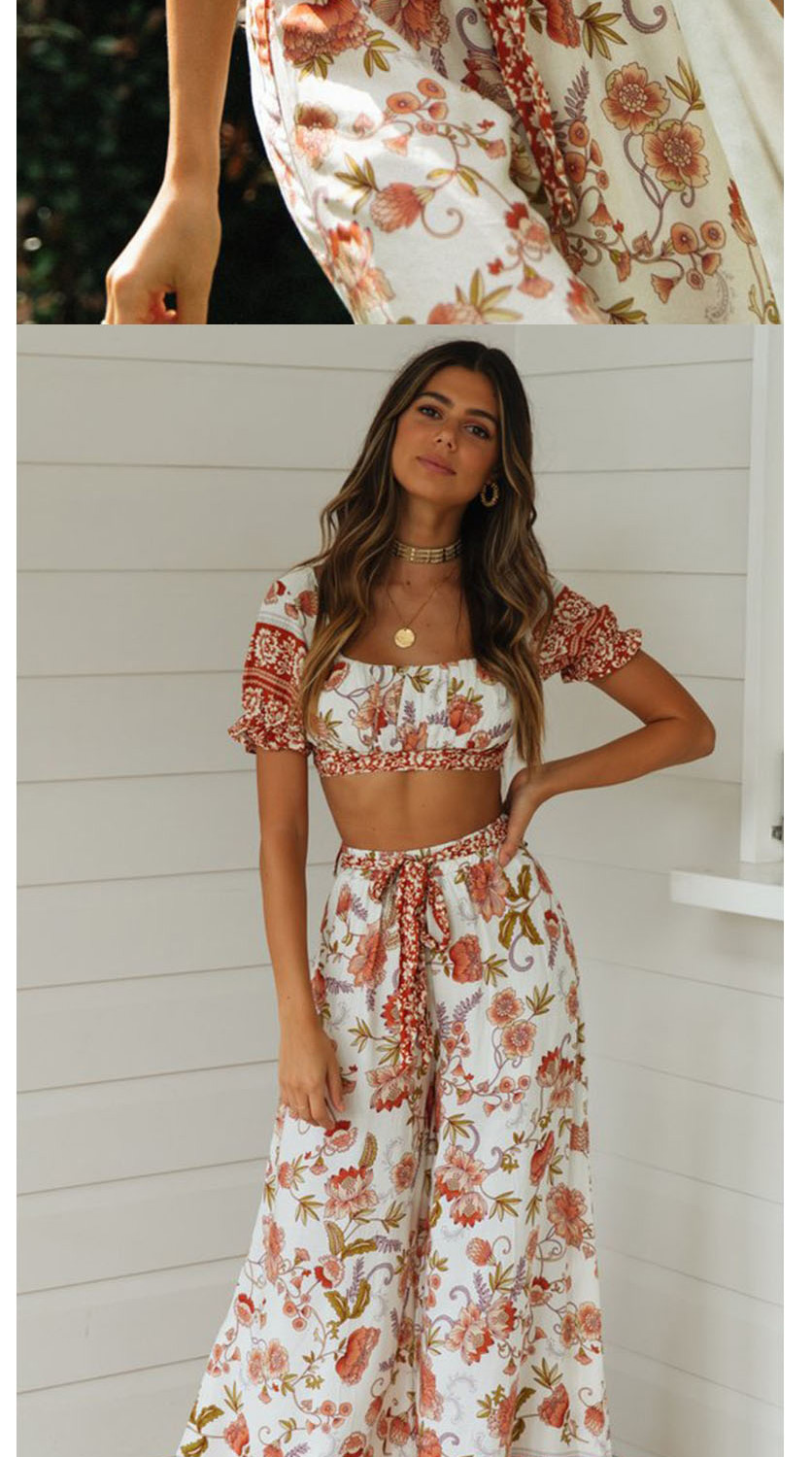 Fashion Suits On White Flower Print Square Tie Belt Tops Pants Two-piece,Tank Tops & Camis