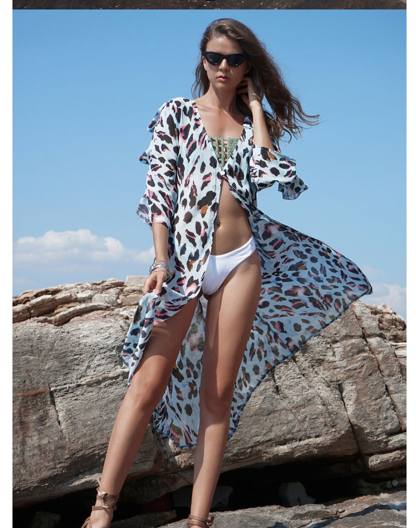 Fashion Apricot V-neck Leopard Chiffon Cropped Sleeve Sunscreen,Sunscreen Shirts