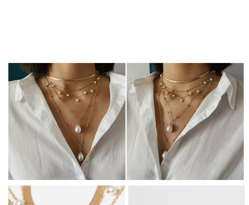 Fashion Golden Geometric Moon Gem Pearl Mash Necklace,Multi Strand Necklaces