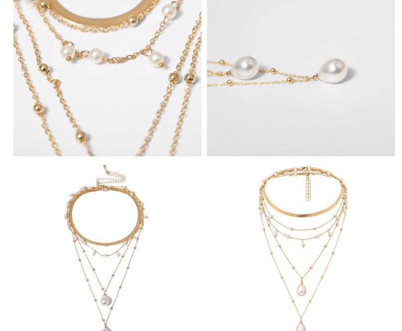 Fashion Golden Geometric Moon Gem Pearl Mash Necklace,Multi Strand Necklaces