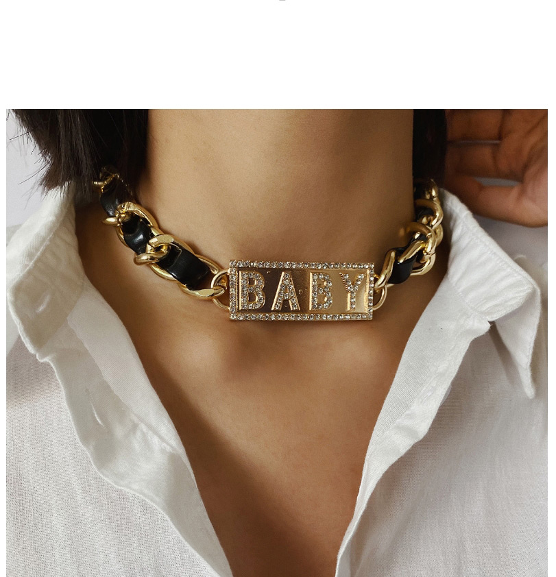 Fashion Golden Pu Winding Chain Square Alphabet Diamond Necklace,Chokers