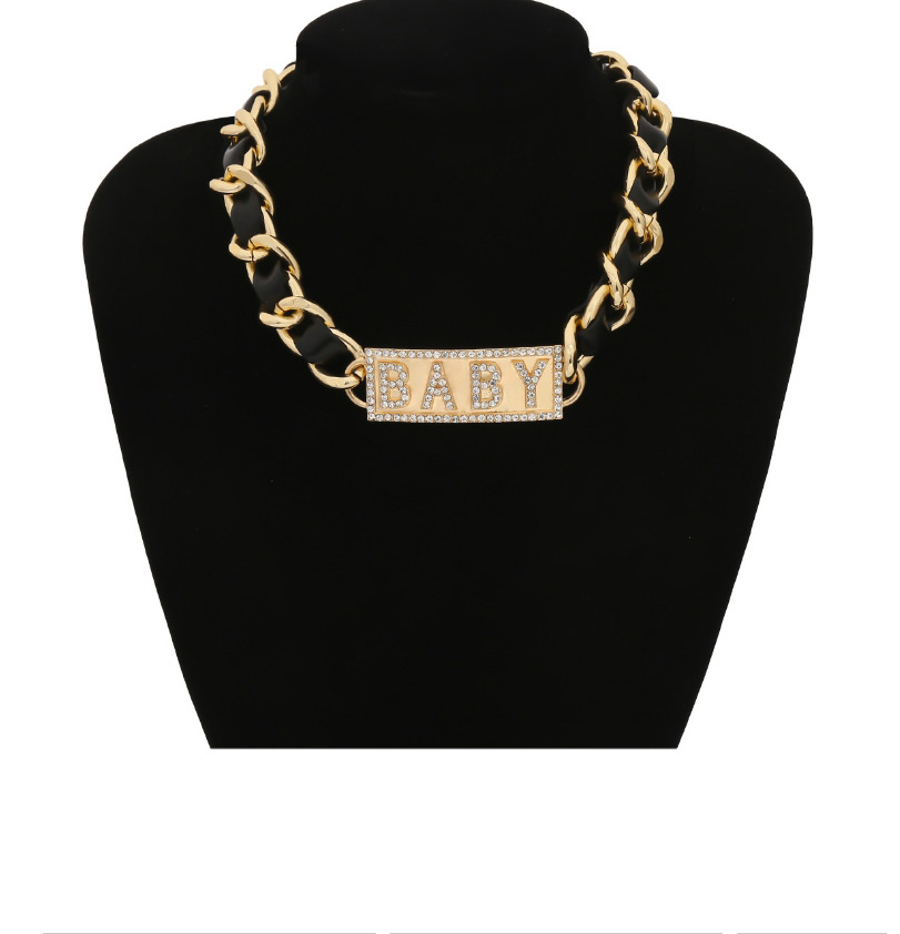 Fashion Golden Pu Winding Chain Square Alphabet Diamond Necklace,Chokers