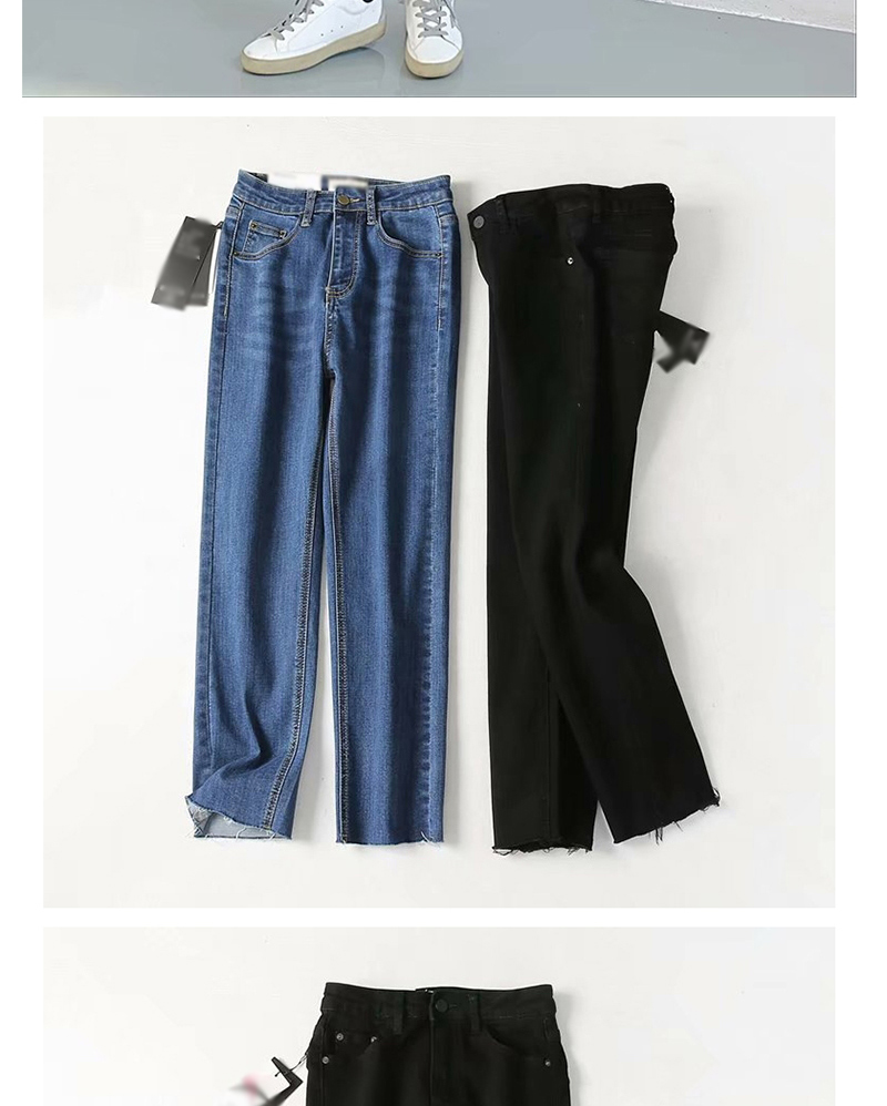 Fashion Black Washed High Rise Stretch Straight Frayed Jeans,Denim