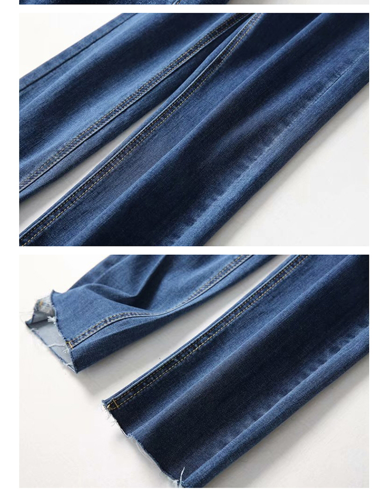 Fashion Blue Washed High Rise Stretch Straight Frayed Jeans,Denim