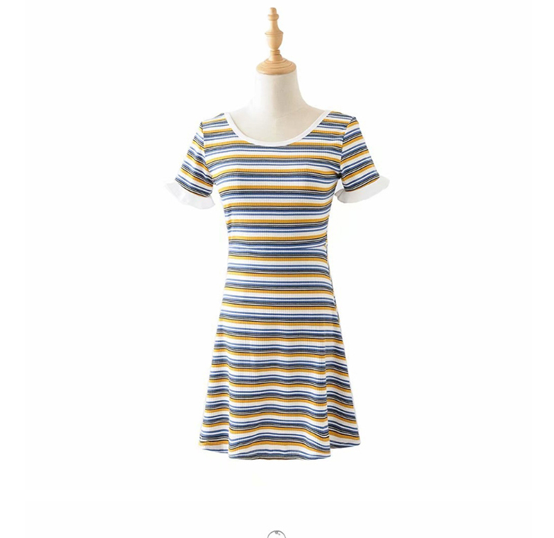 Fashion Blue Round Neck Stripe Dress,Mini & Short Dresses