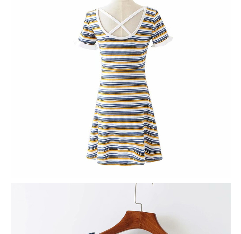 Fashion Yellow Round Neck Stripe Dress,Mini & Short Dresses