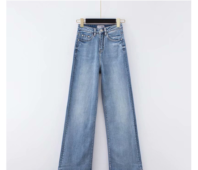 Fashion Blue Washed High-rise Stretch-slight Wide-leg Jeans,Denim