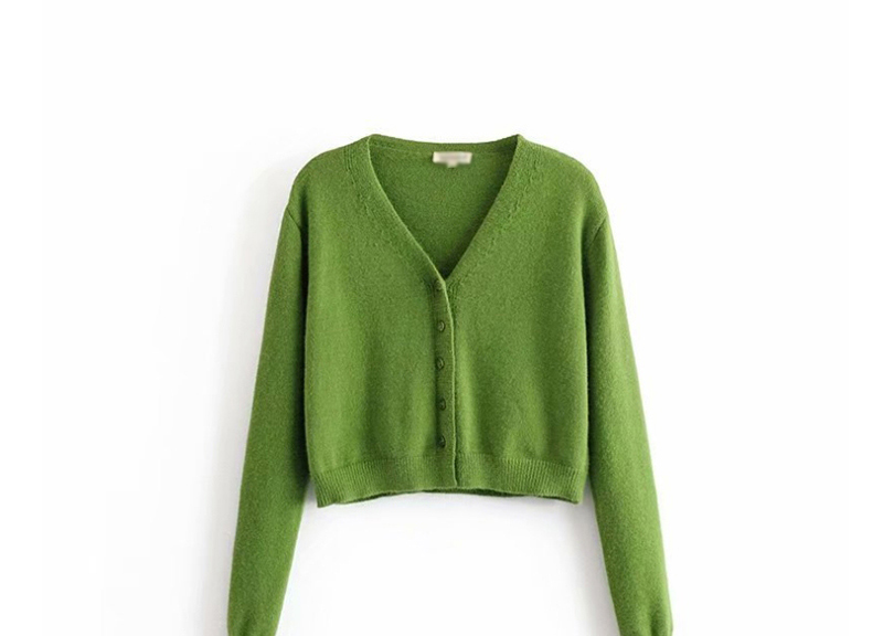 Fashion Green Knit V-neck Single-breasted Sweater,Sweater