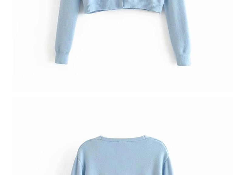 Fashion Light Blue Knit V-neck Single-breasted Sweater,Sweater