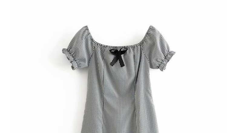 Fashion Black And White Checked Puff Sleeve Bow Dress,Long Dress
