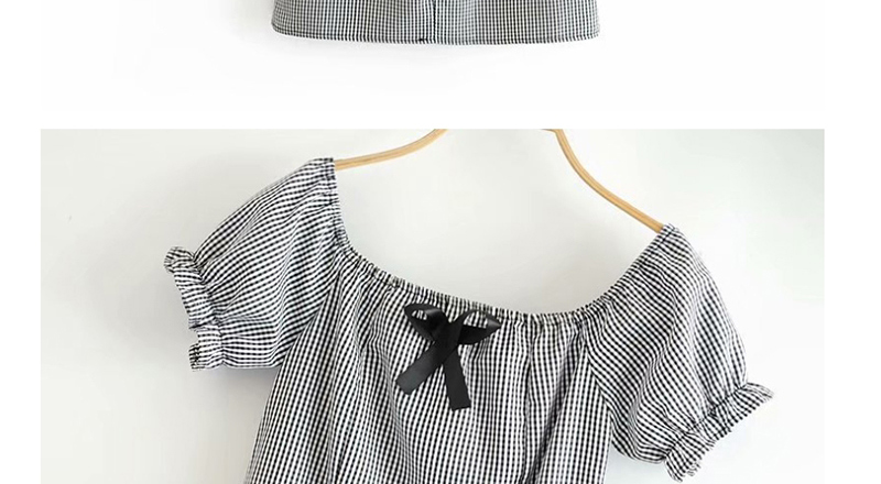 Fashion Black And White Checked Puff Sleeve Bow Dress,Long Dress
