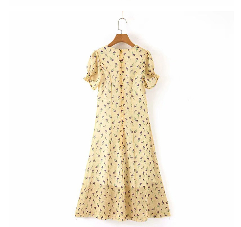 Fashion Yellow V-neck Split Small Floral Dress,Long Dress