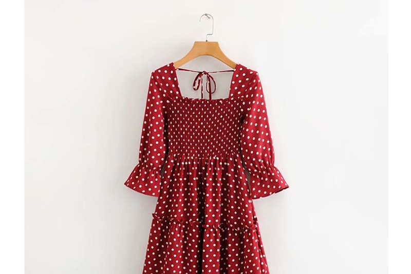 Fashion Red Ruffled Sleeve Dot Print Pleated Dress,Long Dress