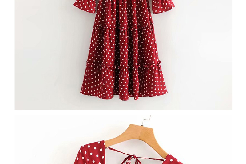 Fashion Red Ruffled Sleeve Dot Print Pleated Dress,Long Dress