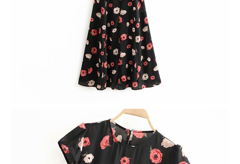Fashion Black Flower-print Open-back Split Dress,Long Dress