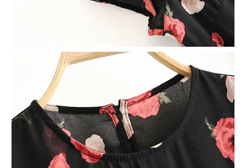 Fashion Black Flower-print Open-back Split Dress,Long Dress