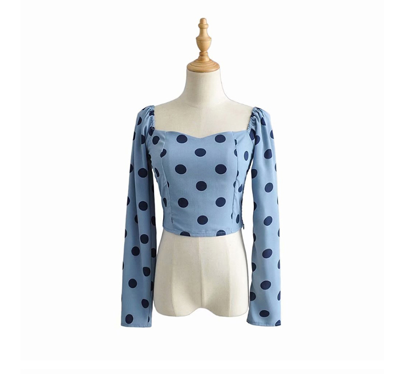 Fashion Blue Elastic Print Polka Dot Shirt At Back,Blouses