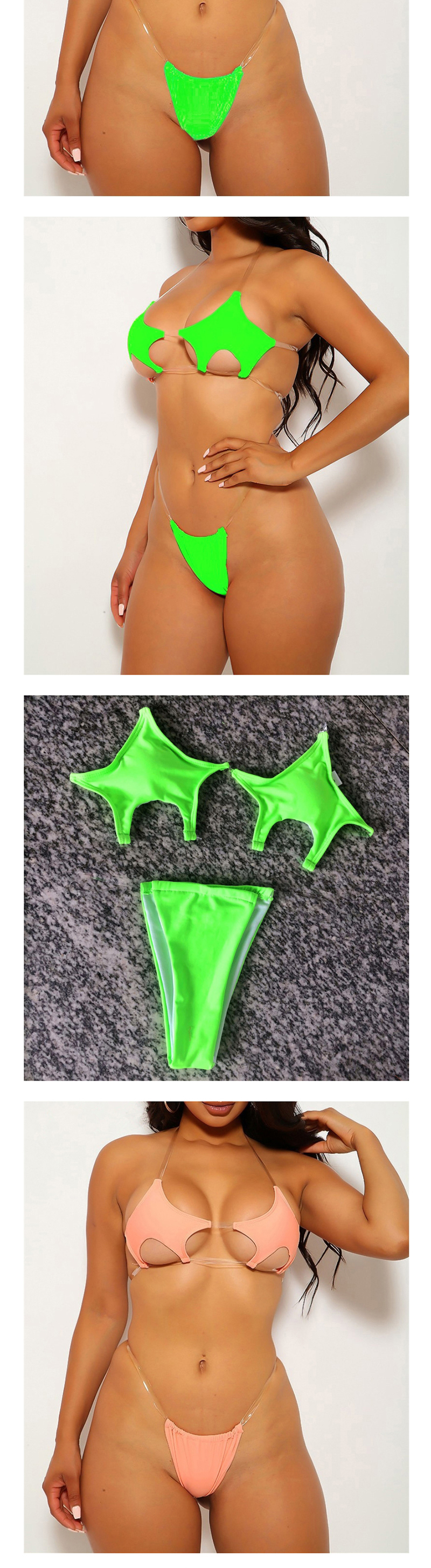 Fashion Pentagonal Fluorescent Green Zip Split Swimsuit,Bikini Sets