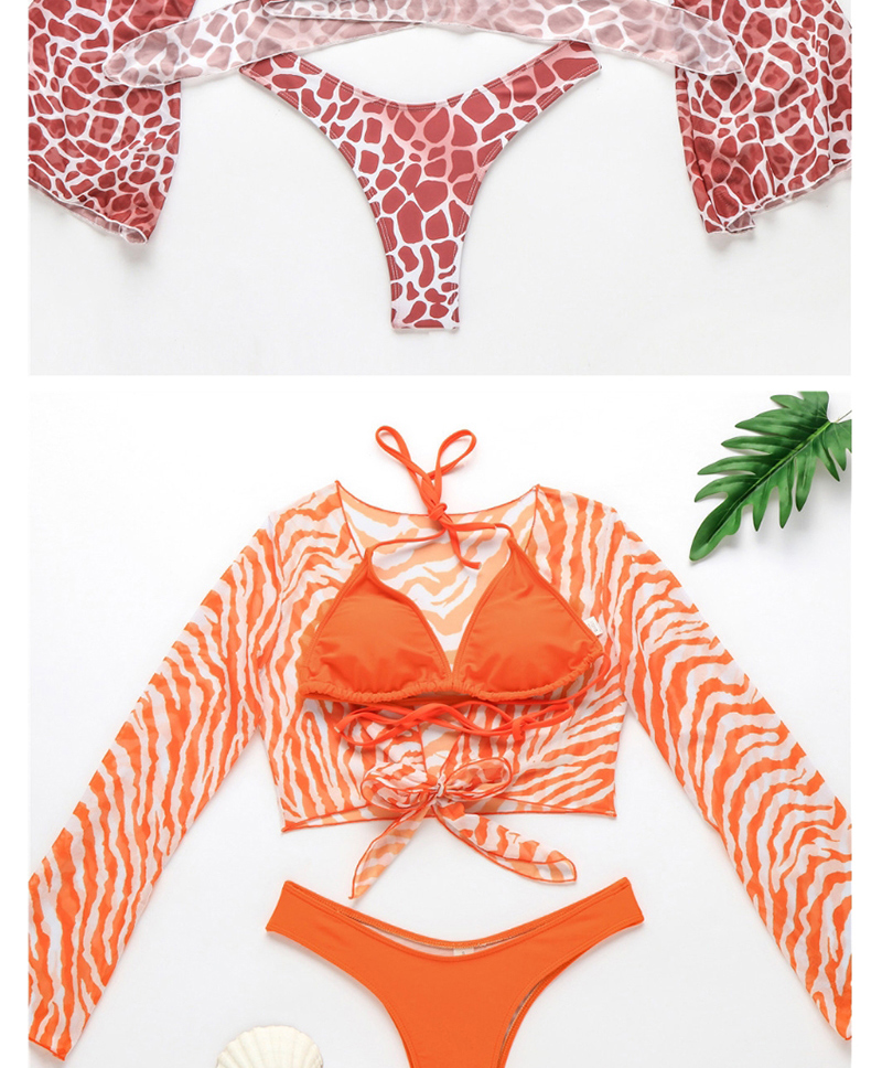 Fashion Orange Three-piece Printed Split Swimwear Mesh Blouse,Swimwear Sets