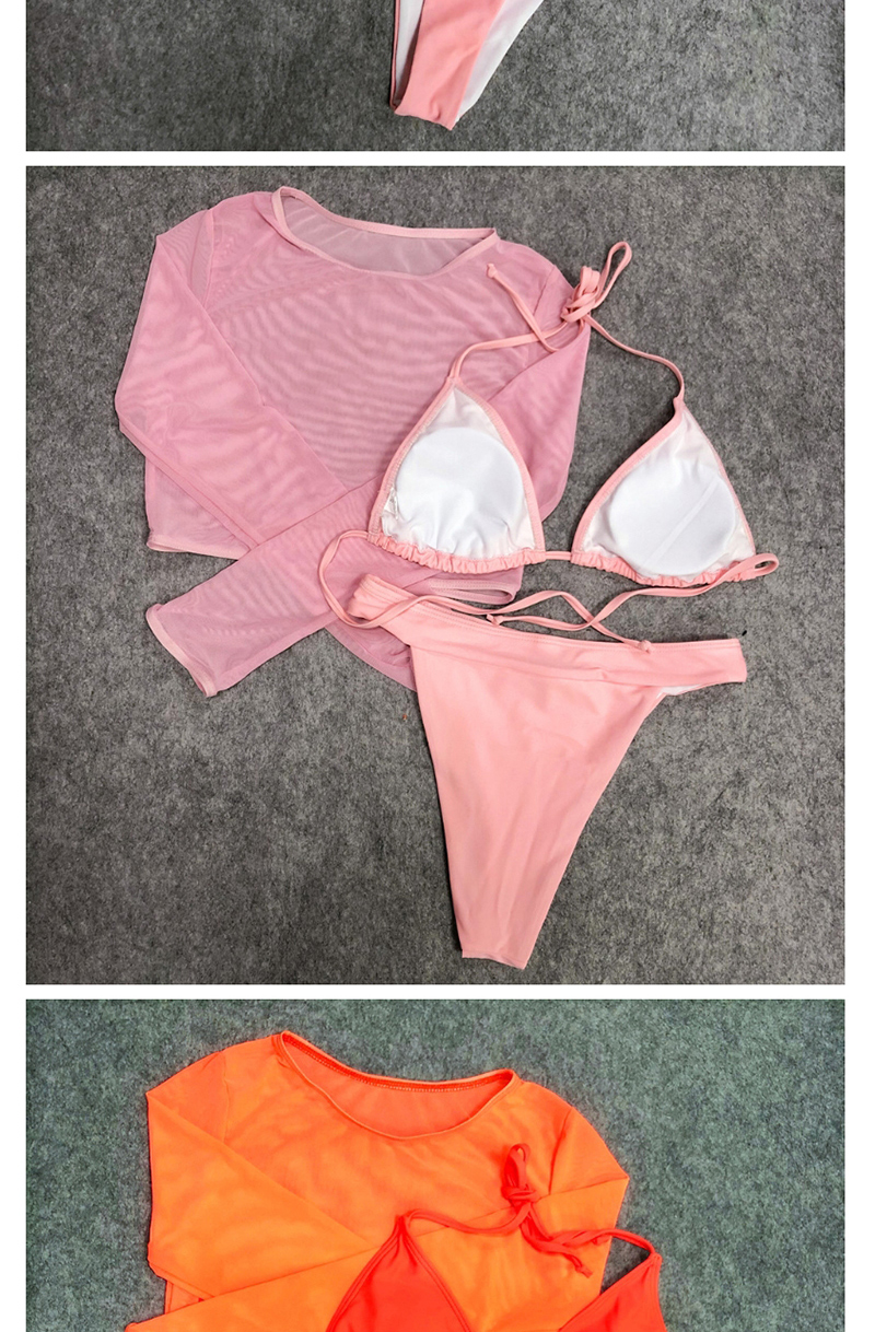 Fashion Bright Orange Pure Color Mesh Blouse Triangle Split Swimsuit Three-piece,Swimwear Sets