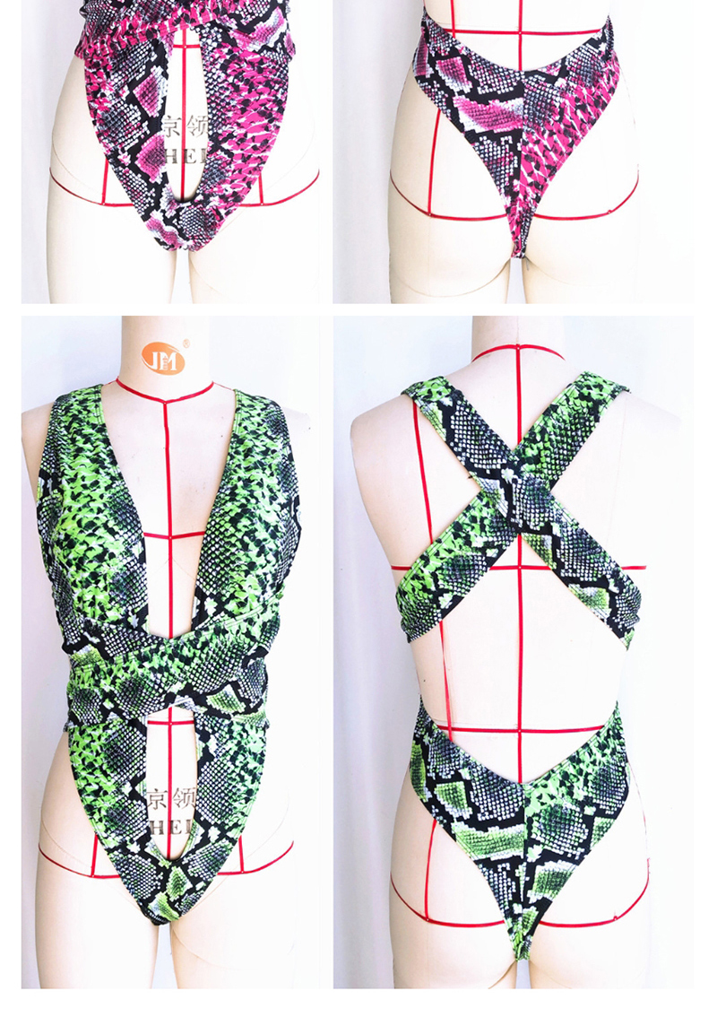 Fashion Purple Snakeskin Print Cross Strap Cutout Swimsuit,One Pieces