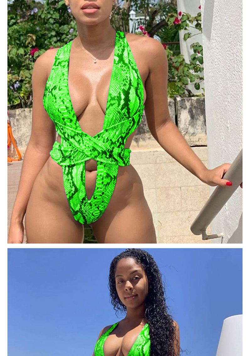 Fashion Green Snakeskin Print Cross Strap Cutout Swimsuit,One Pieces